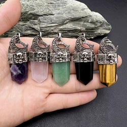 10PCS Natural Gems Amethysts Crystal Quartz Tiger Eye Stone Vintage Skull Moon Necklace Pendant MY240519
