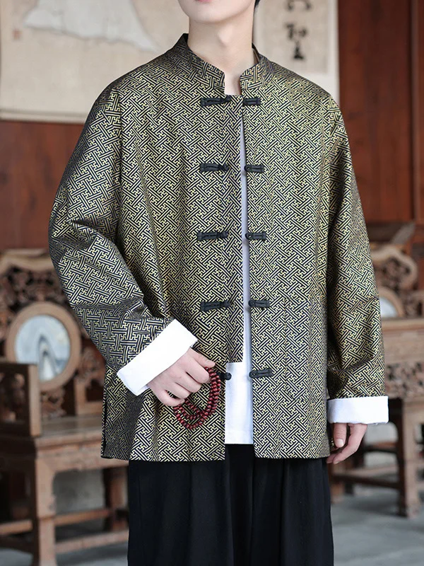 

Men's Oversized Ethnic Sle Jaet with Button Autumn Hanfu New Chinese Sle Gold Emed Loose Fit Long Sve Coat