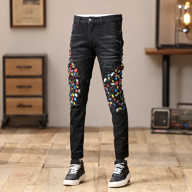 Men's Y2K Designer Fashion Scratch Washed Black Slim Fit Jeans Elastic Retro Printed Pants for Hombre