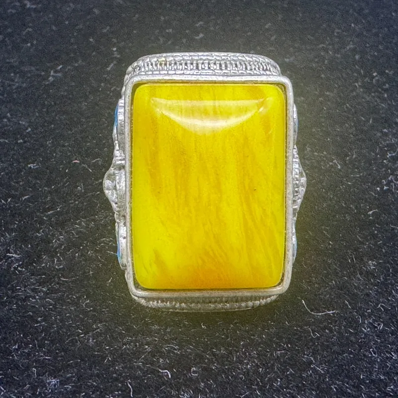 Men Bold Open Vintage Tibetan Silver Cloisonne Ring Hand‑Inlaid Amber Setting Retro Antique Adjustable Finger Jewelry Collectib