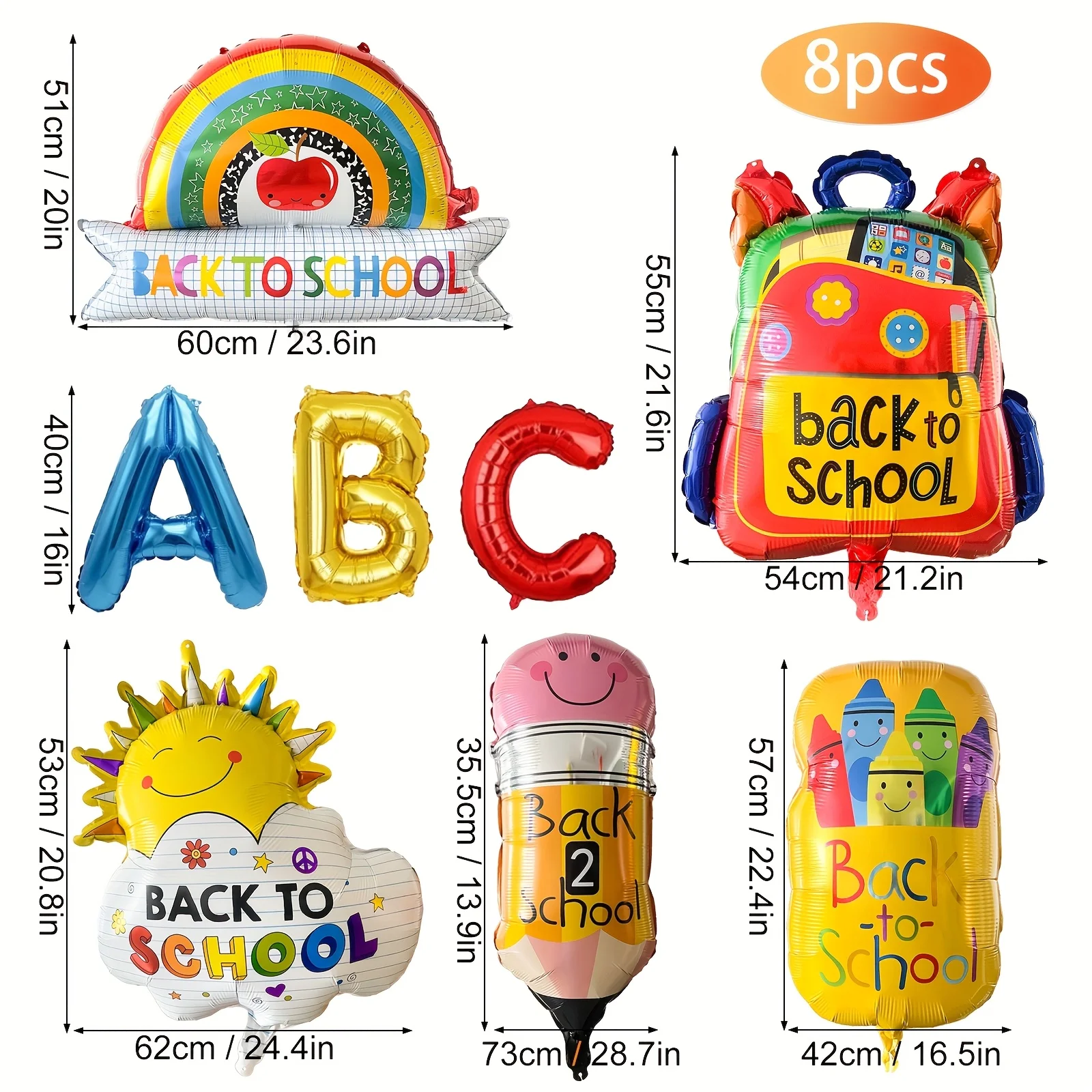 8pcs Aluminum Film Balloons for The Back-To-School Season Schoolbags Pencils Rainbow Rulers ABC Balloons for Classroom Decor