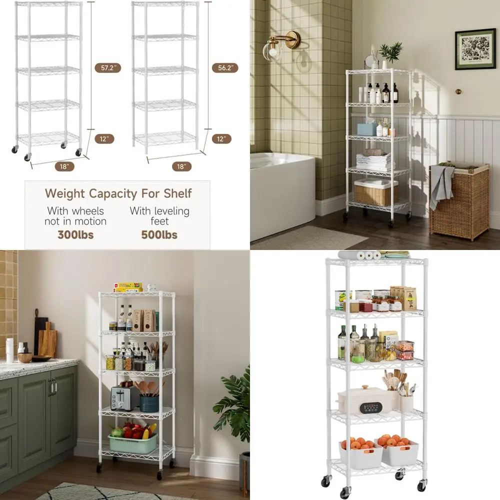 

5-ярусный регулируемый металлический стеллаж на колесиках, 12 дюймов глубина x 18 дюймов ширина x 57,2 дюйма высота, белый, для кухни, прачечной, ванной комнаты