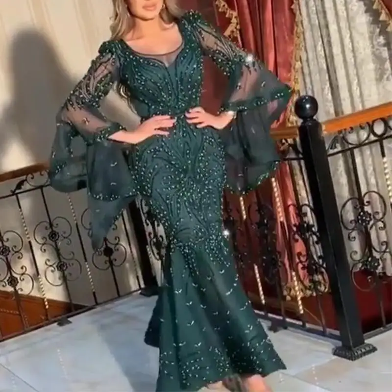 New Arrival Green Sexy Party Wear Long Sleeve Mermaid Prom Sequin Beaded Lace Evening Dress