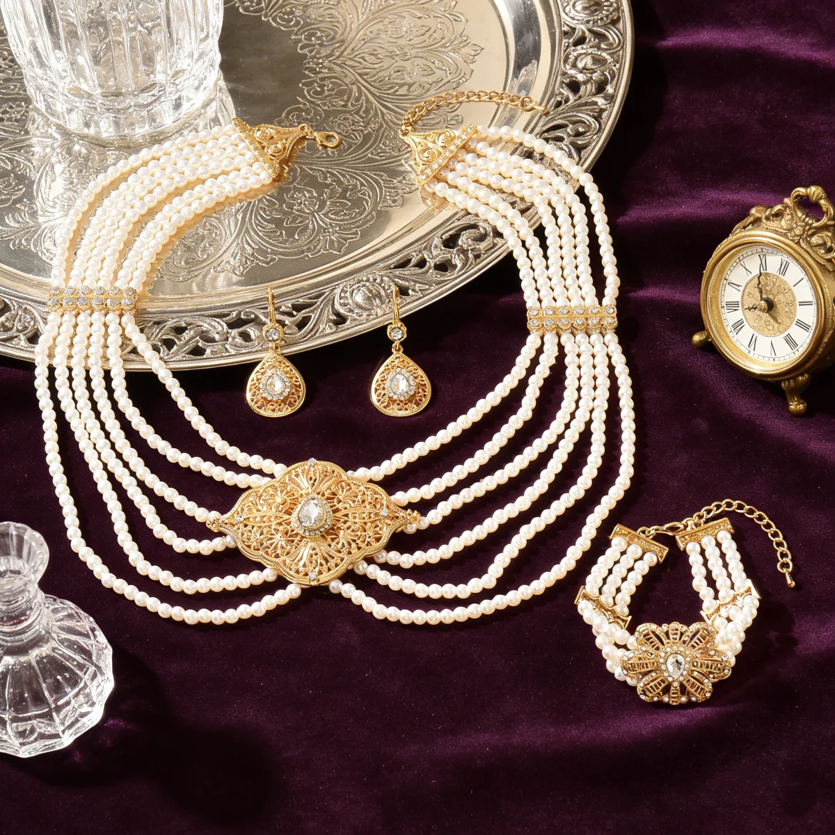 Luxurious Gold-Plated Arab Bride Jewelry Set with Hollow Design - Necklace Earrings Headband - Wedding Accessories