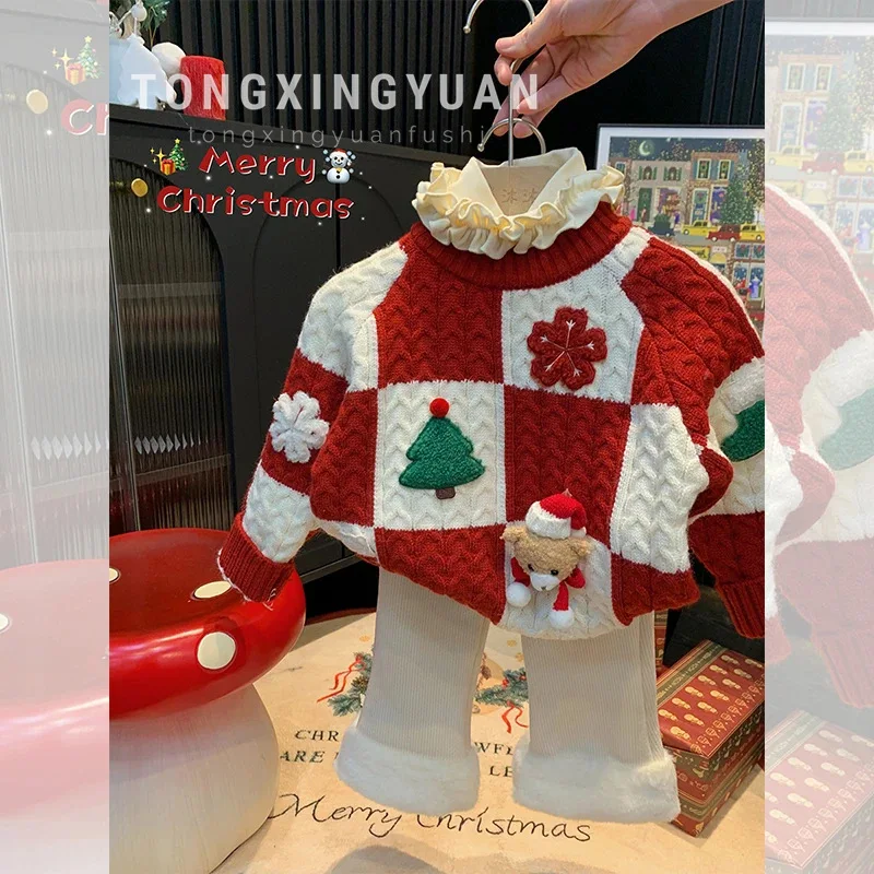 Girls' Christmas Sweater Thickened2024Autumn and Winter Baby Girls' Western Style Pullover Internet Celebrity Knitwear