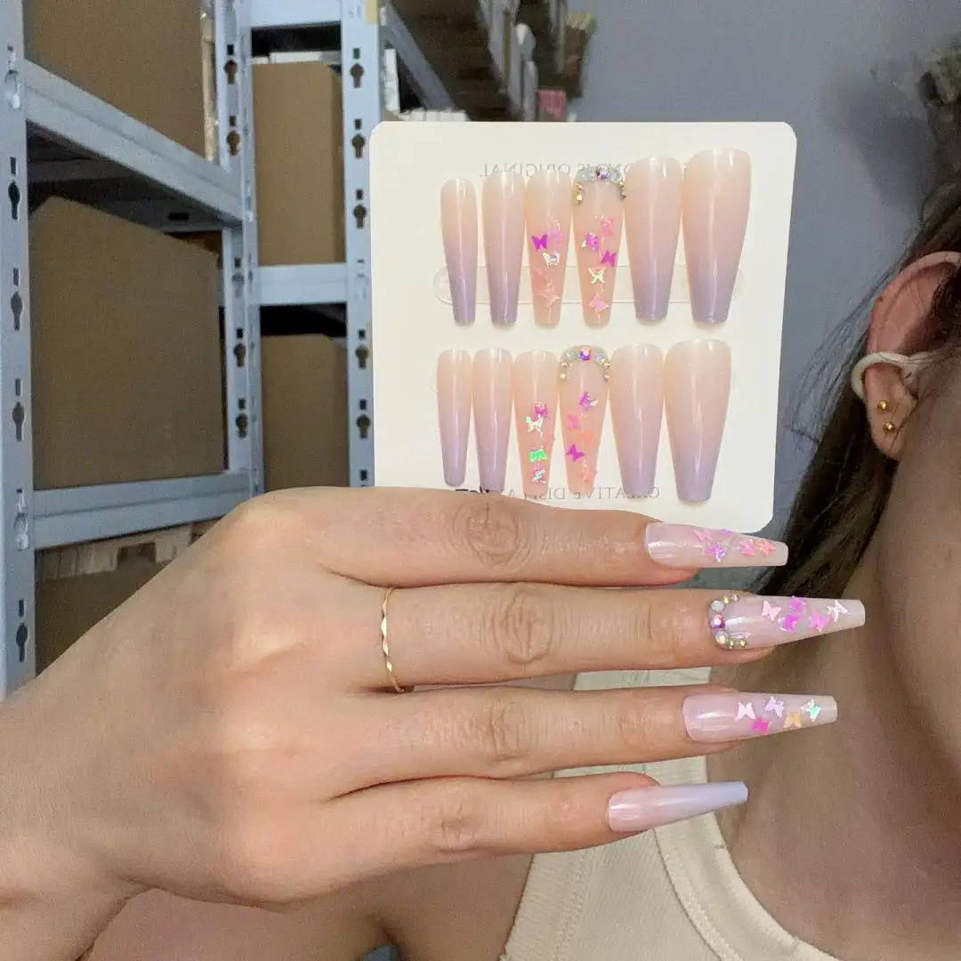 24Pcs/Box Gold-Line Wave Pattern False Nail Tips Removable Acrylic Press on Nails Set Euro-American Long Ballet Fake Nails Art