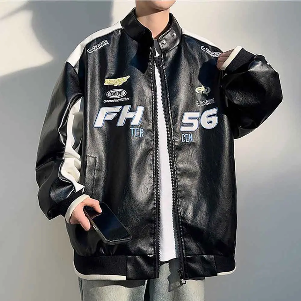Men’s PU Leather Racing Jacket Oversized, Zip-Up Varsity Bomber Coat, Streetwear Motorcycle Style