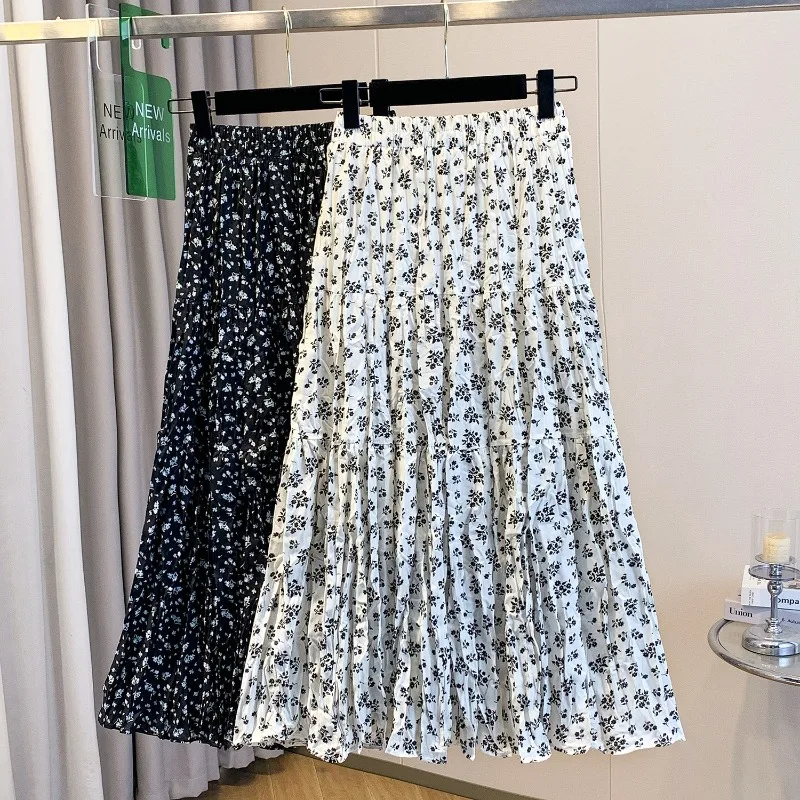 Summer New Floral Women's Pleated Skirt Patterns Slim Elasticity High Waist Loose Fashion Versatile A-line Skirt Trend