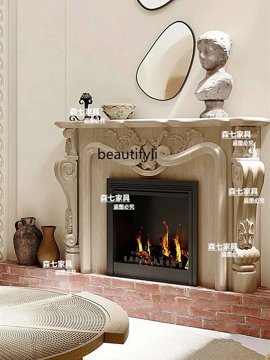 a95 Solid wood fireplace cabinet European-style carved fireplace living room background wall