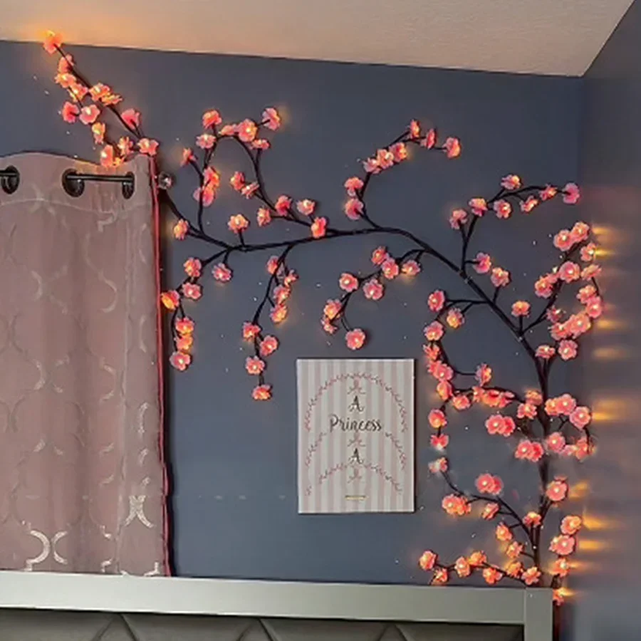 7.5ft 144 LED Pink Cherry Blossom Flower Willow Vine Light With Remote Artificial Cherry Flower Lighted Tree Branch Vines Light