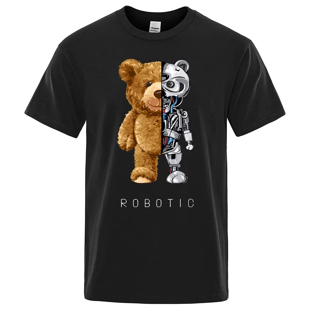 

Men's Teddy Bear Fun T-shirt Short Sleeve Casual Wear, Robot Design Oversized Cotton Summer Trend Clothing Graphic T Shirts