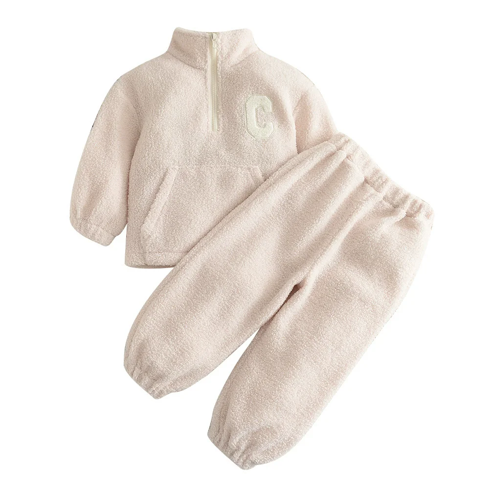 

Girls Fleece Sets Winter Autumn Children Lamb Velvet Suits Standing Collar Pullover Top+Pants Two Piece Kids Fashion Outfits