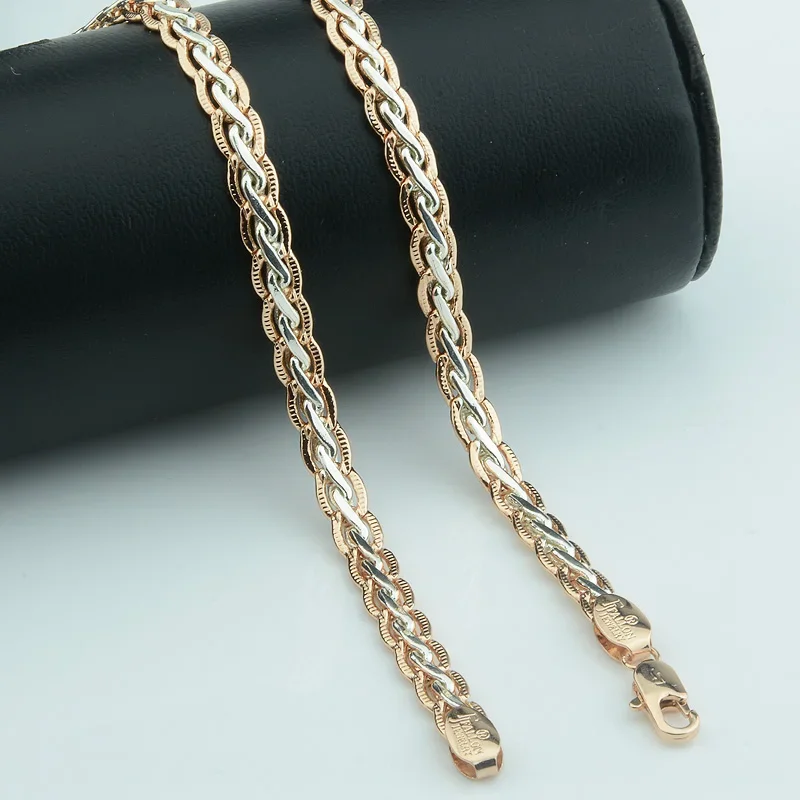 FJ Women 585 Gold Color 7mm Weaving Curb Twisted Necklace Bracelets Chains Jewelry Sets