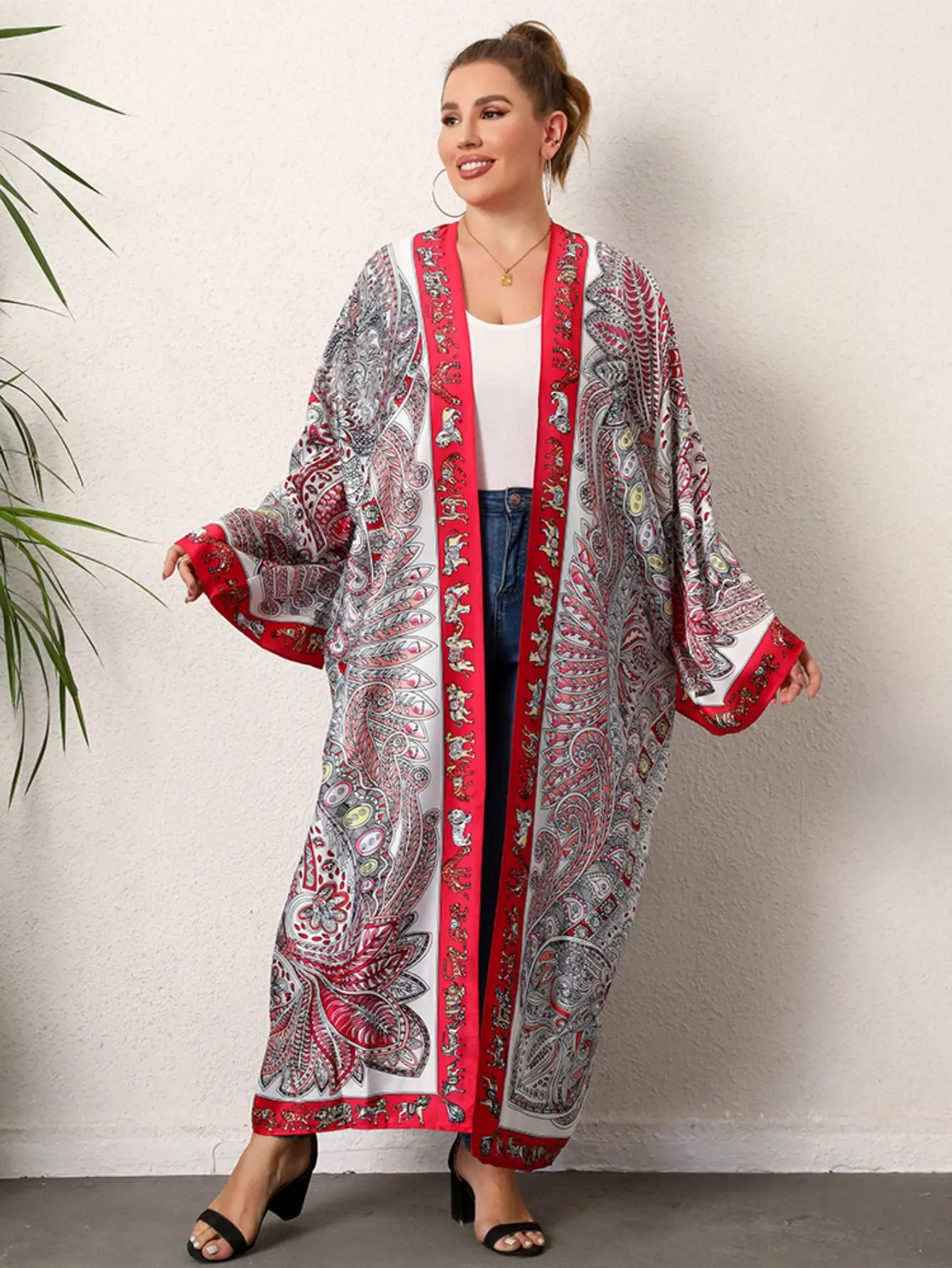 Plus rozmiar Boho Kimono damskie Plus tropikalny nadruk kontrastowe wiązanie z długim rękawem z przodu luźna Kimono plażowe