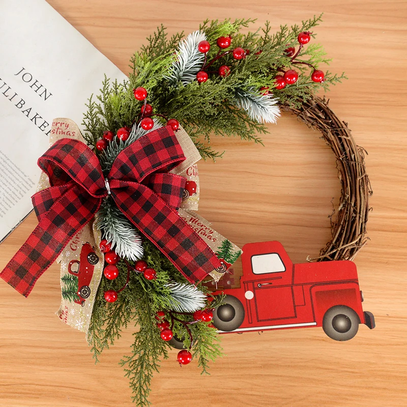 38CM Christmas Door Wreath Garland Wooden Car Red Berry Wall Hanging Ornament Merry Christmas Decoration for Home  New Year 2025