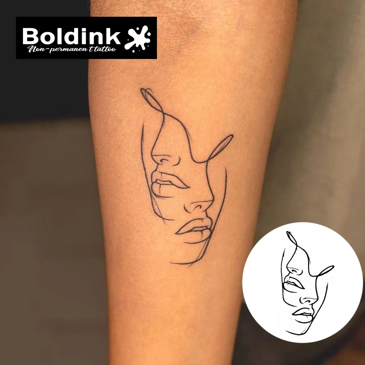 Boldink Minimalist Double Sided Shadow Tattoo Patch - Black and White Line Art Design | 1-2 Week Durable Waterproof