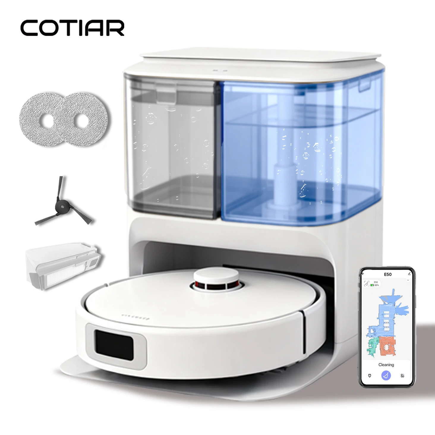 COTIAR Robot Vacuum E50 - Robot Aspirador y Fregasuelos con Sistema de Navegación Láser Inteligente, Succión de 9000 Pa, Blanco EU