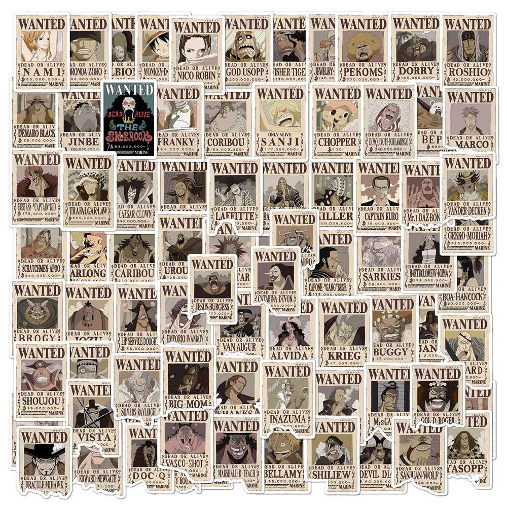 10/30/50/80PCS Anime One Piece Wanted Posters Stickers DIY Fridge Phone Suitcase Laptop Notebook Car Wall Cool Sticker Kids Toy