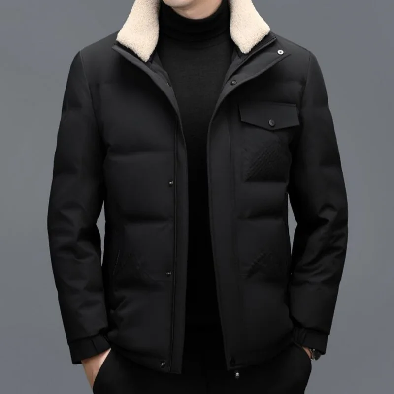 

2025 Winter New Men's Thick Down Jacket Short Detachable Hat White Duck Down Warm Casual Business Jacket Youth Handsome Coat