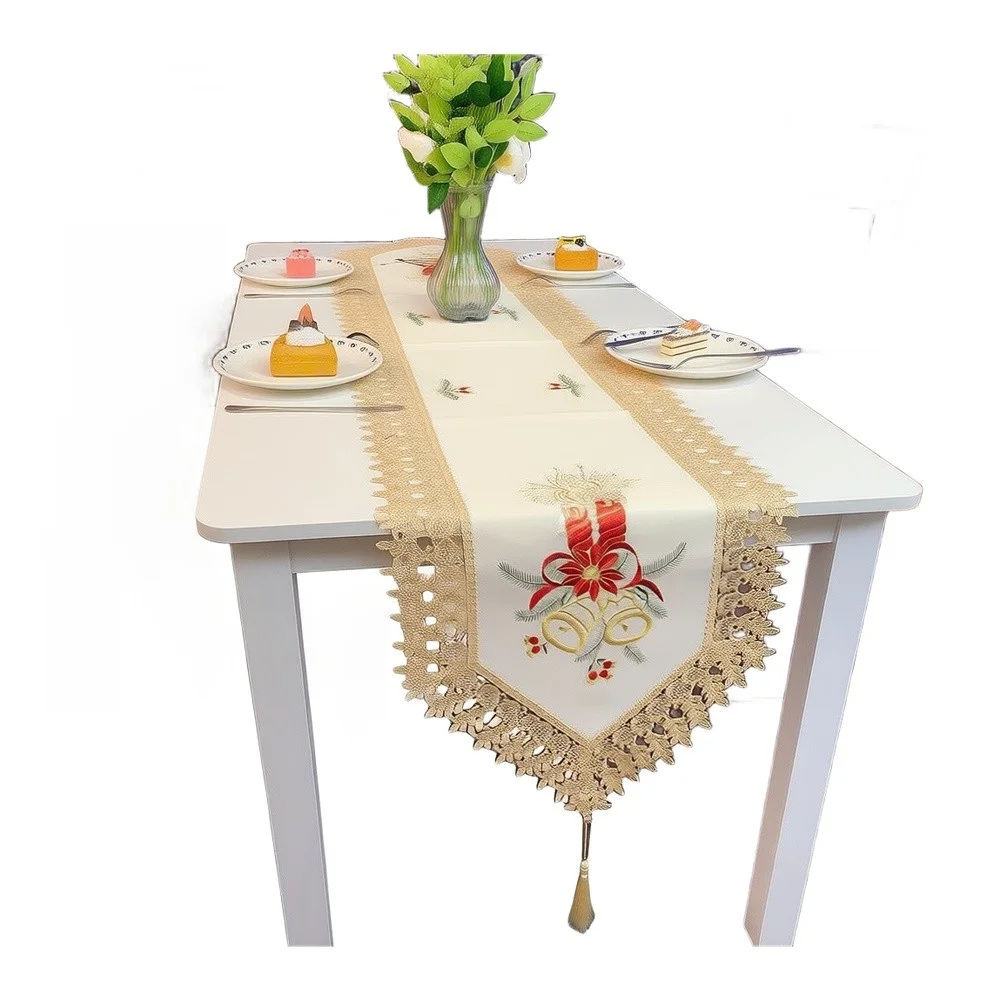 White Table Scarf Polyester 40 cm x 180 cm Festive Bell Embroidery Lace Trim with Tassel for Dining or Side Cabinet