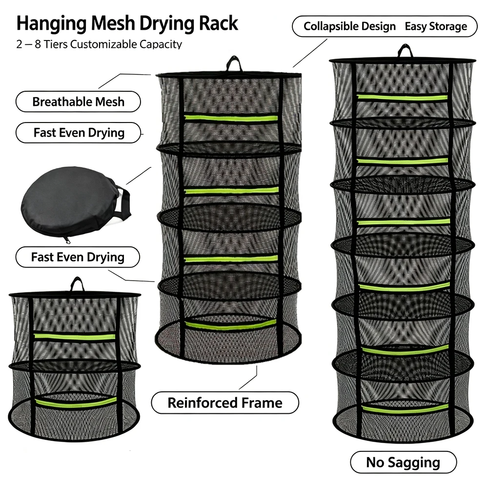 2-8 Layer Hanging Mesh Drying Rack, Foldable Herb Dryer Net for Kitchen Garden, Durable Plant Flower Fish Food Dehydrator