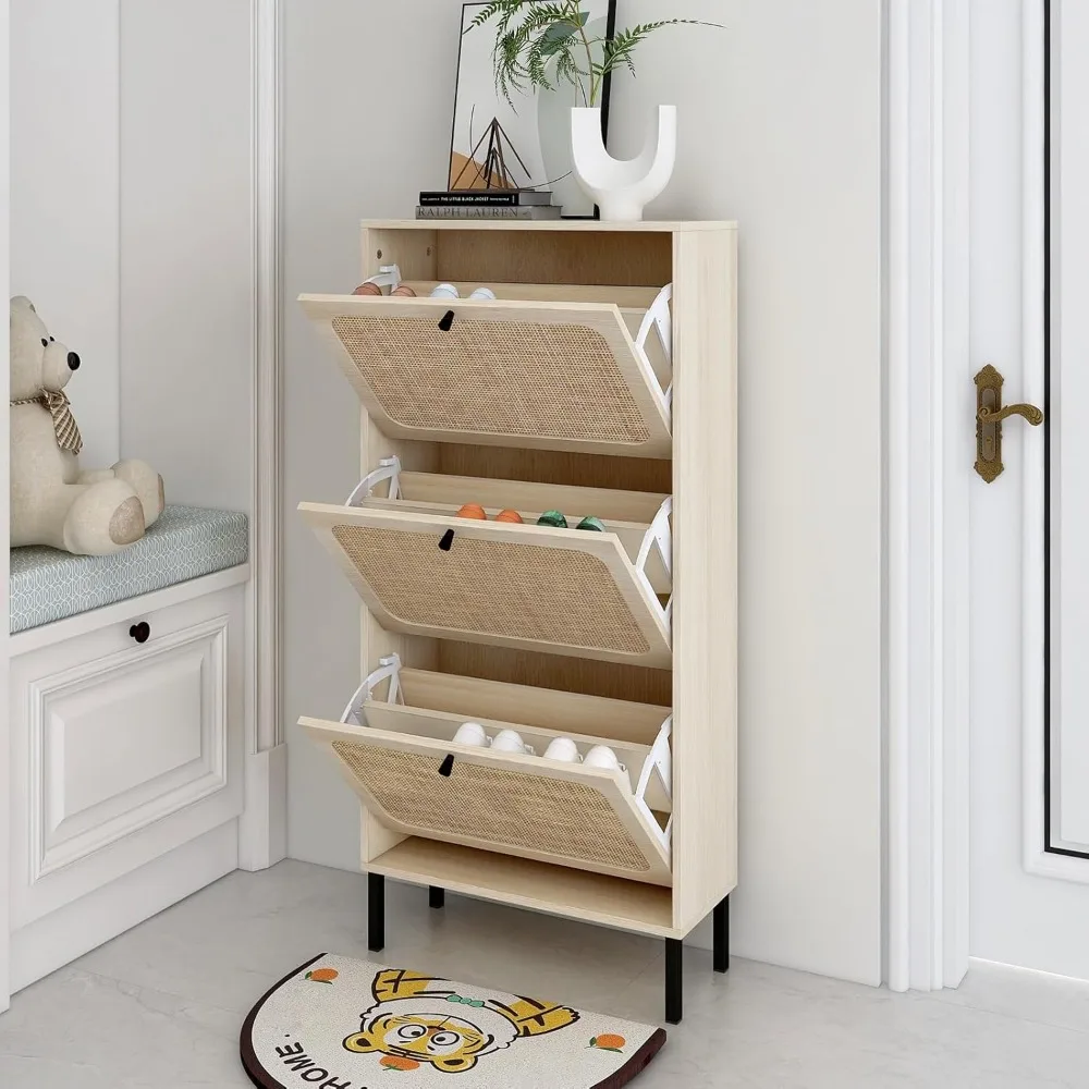 

Natural Rattan Shoe Storage Cabinet with Flip Drawers for Entryway, Hidden Freestanding Wood Shoe Rack with 3 Drawer,Slim(Beige)