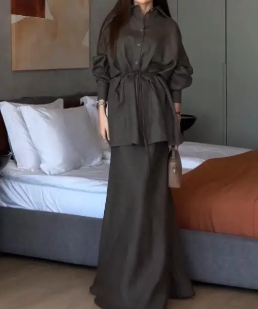 

New Fashion Two Piece Outfit for Women's Clothing 2025 Summer Woman Elegant Lapel Loose Long Sleeve Shirt & High Waist Skirt Set