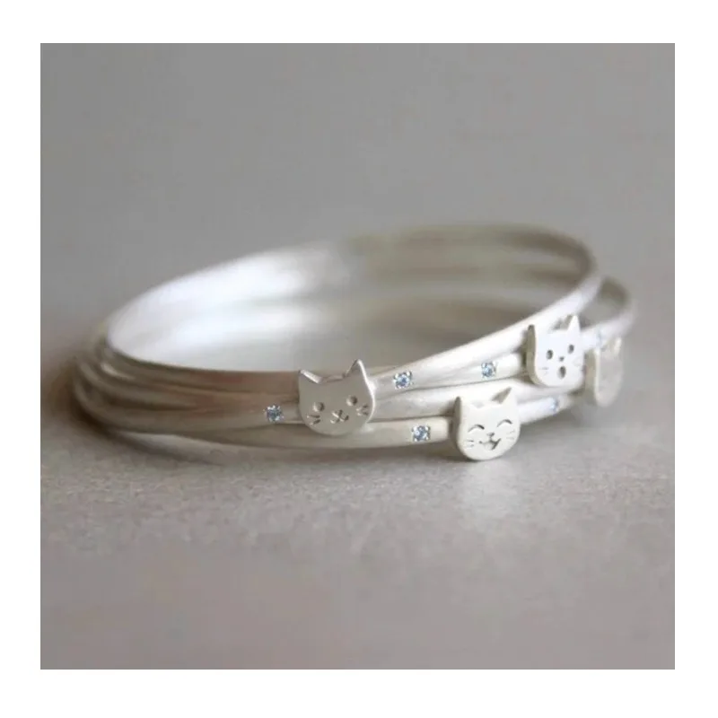 

Medieval Silver Brushed Kitten and Star Aquamarine Zircon Ring Women's Retro Four-ring Cross Multi-layer Ring