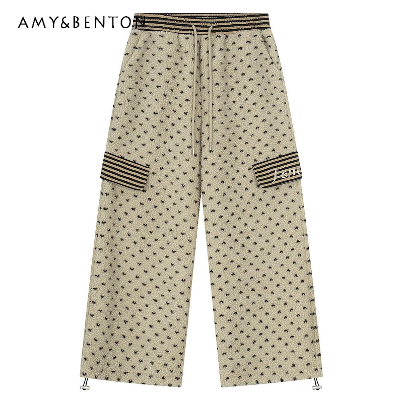 

Vintage Heart Dot Lamb Wool Women's Wide-Leg Pants Winter Fleece Lined Thickened Cotton Casual Sports Home Sweatpants Unisex