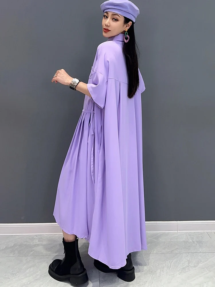 SHENGPALAE Violet Dress For Women 2024 Summer New Irregular Fold Dresses Elegant Fashion Casual Female Robe Y2k Clothes 5C1012