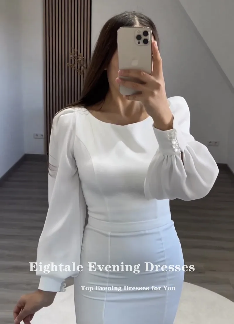 EPackage-Robe de soirée blanche en mousseline de soie, col rond, manches longues bouffantes, personnalisée, robe de Rharabe, robe de Dubaï, fête de mariage