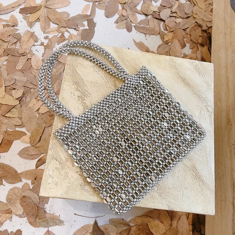 2023 Trendy Hollow Metal Handbags For Women Retro Fashion Hand-weave Beaded Shining Silver Color Shoulder Bags Party Clutches