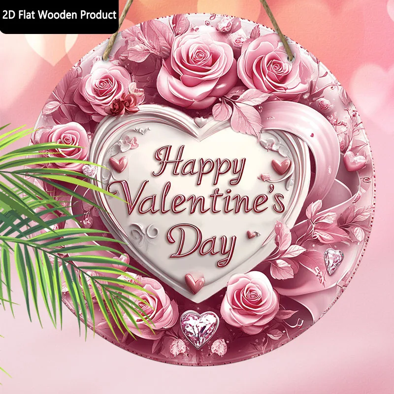 1pc 2D Happy Valentine's Day Heart Kitty Pink Rose Round Wooden Sign - Romantic Floral Wall Plaque with 