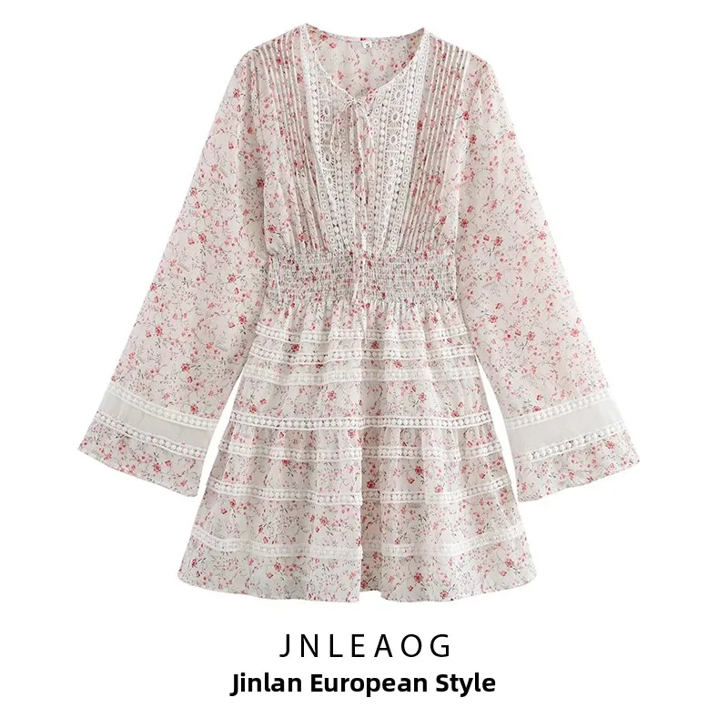 ZAB Faion Kwiatowy Wzór Dr Damski Wiosna Lato Jesień Długi Rękaw Warstwowy Łączony Koronkowy Dr Ele Elegancki