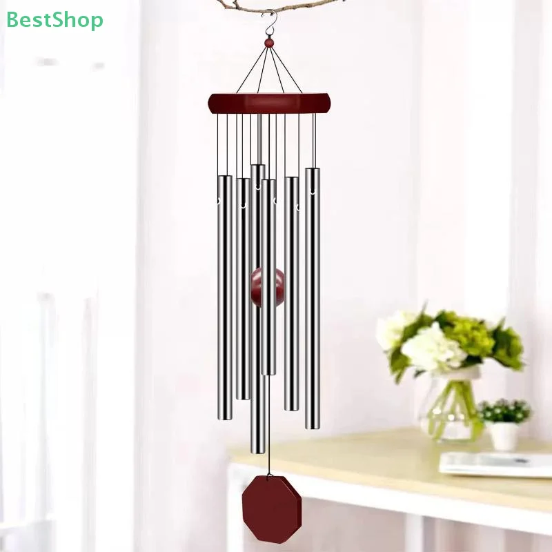🍄6-tube Metal Red Solid Wood Wind Chime,Classic Octagonal Wood Hang Tag Silver Aluminum Pipes Courtyard Corridor Balcony Decor