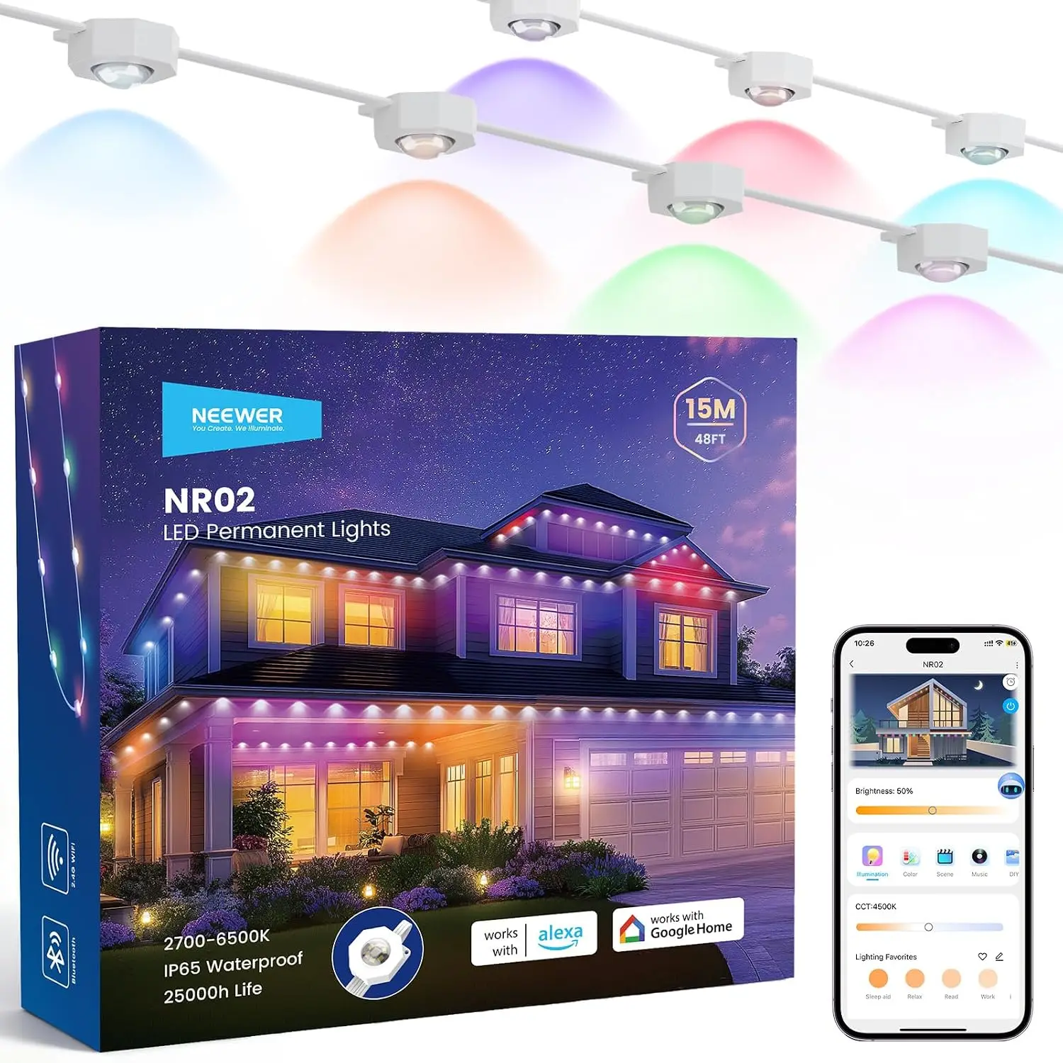 NEEWER 48ft/96ft/144ft/196ft Smart Permanent Outdoor Lights,AI RGB IC CW Eaves String Christmas Lighting 120 LEDs IP65 Alexa App