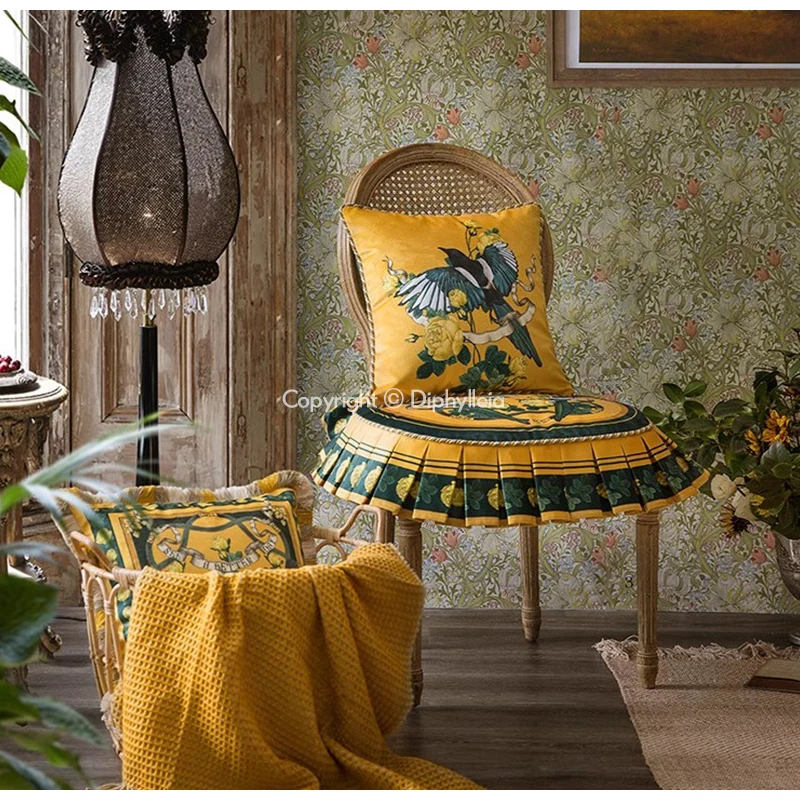 Diphylleia Luxury Velvet Spring Bird Cushion Cover Stunning Quality Farmhouse Decorative Pillow Case 45x45cm Mustard Home Decor