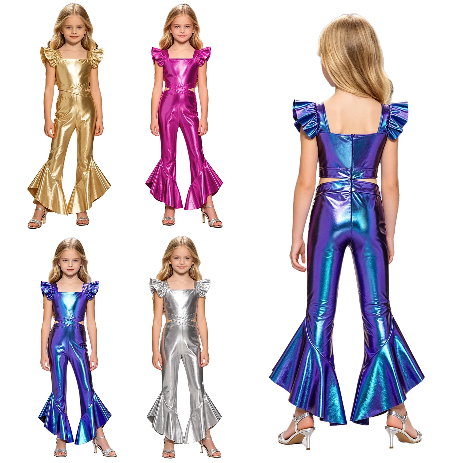 Children Girls 70s Disco Hippie Costume Metallic Shiny Flared Jumpsuit Fly Sleeve Ruffled Bell Bottoms Pants Jazz Dance Rompers