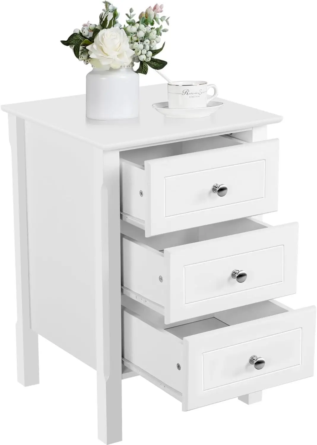 

Modern White Nightstand Table With 3 Drawers - Bedside Cabinet Storage - Elegant 16x16x24 Inches - Bedroom Home Office Furniture