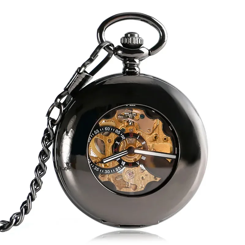 Steampunk Black Pocket Watch Smooth Case Half Hunter Automatic Mechancial Watches with Luminous Hands Pendant Skeleton Chain
