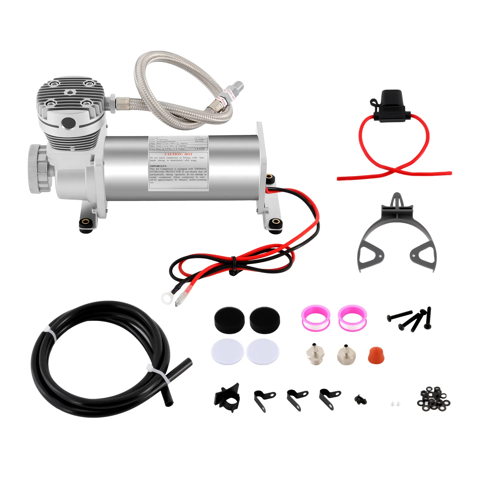 Air Compressor Kit, 12V 200PSI Portable Air Compressor, Copper Motor Low Noise 72dB, Oil Water Filter, Overheat Protection, for Car Suspension Air Ride System, Tire Inflation, Pneumatic Tools, 1/4 Inch Stainless Steel Braided Hose