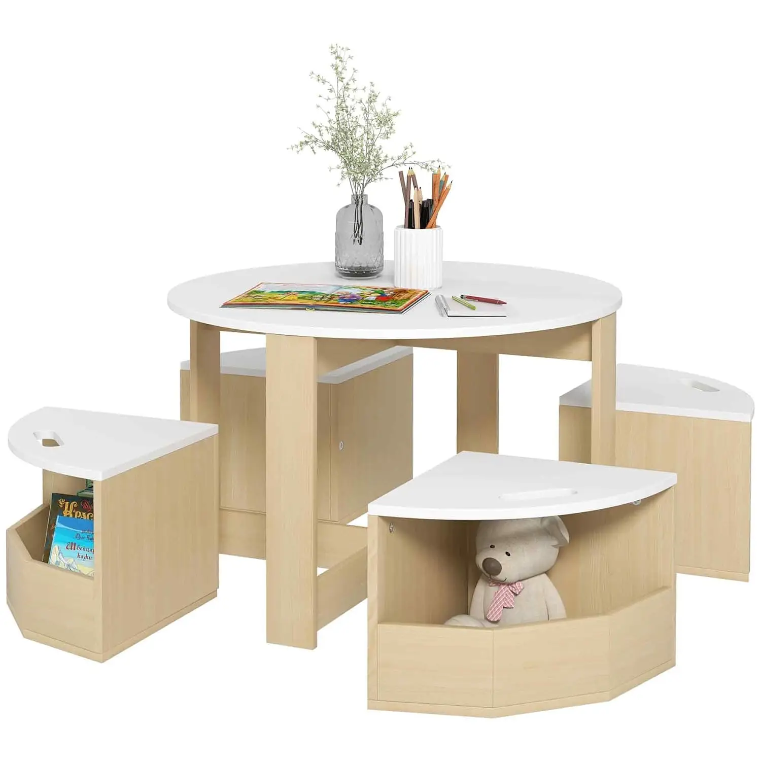 Round Kids Activity Table & 4 Chairs Set with Storage for Play Art Craft Drawing Playroom Classroom Nursery, Customized