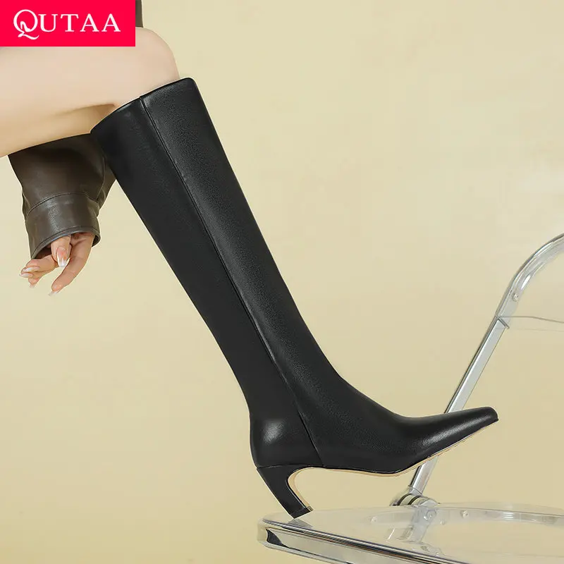 

QUTAA 2025 Women Knee High Boots Genuine Leather Shoes High Heel Winter Woman Pointed Toe Fashion High Boots Lady Size 34-40