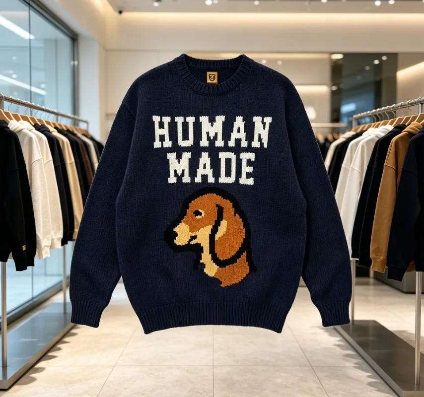 HUMAN MADE Dog Graphic Sweater Loose Fit Round Neck Cotton Winter Unisex Top