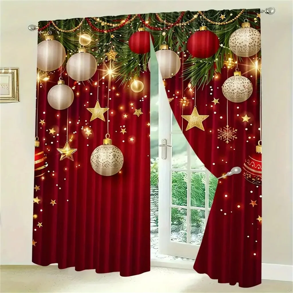 2pcs Set Of Santa Claus Christmas Curtains-Digital Print,RodPocket Design,Polyester - Perfect For Living Room,Kitchen,Bedroom