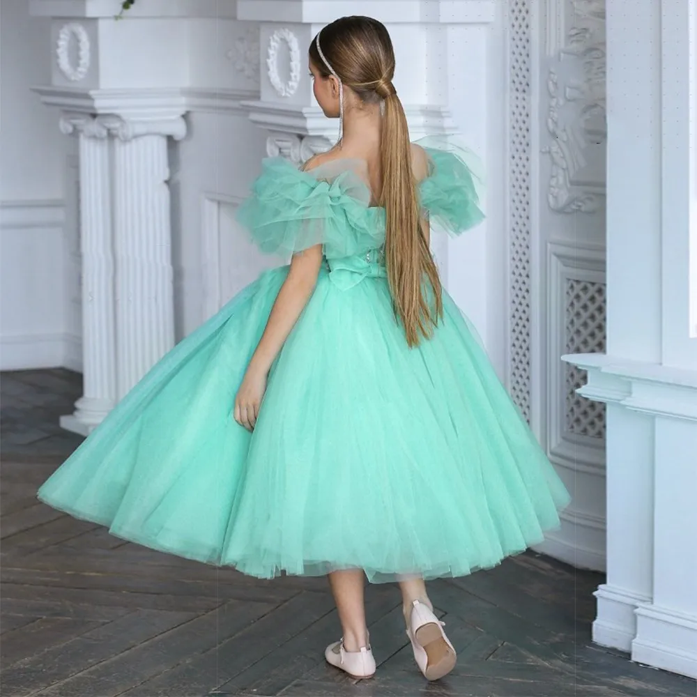 Soft Tulle Sequined Flower Girl Dresses Round Fluffy Customization Wedding Dresses Princess Summer Back Bow First Communion