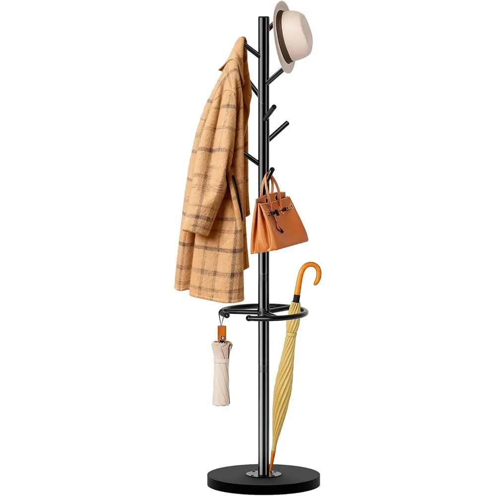 

Напольная вешалка для одежды с держателем для зонтов, вешалка-стойка с деревянным основанием для прихожей, гостиной, спальни, офиса, для хранения одежды.
