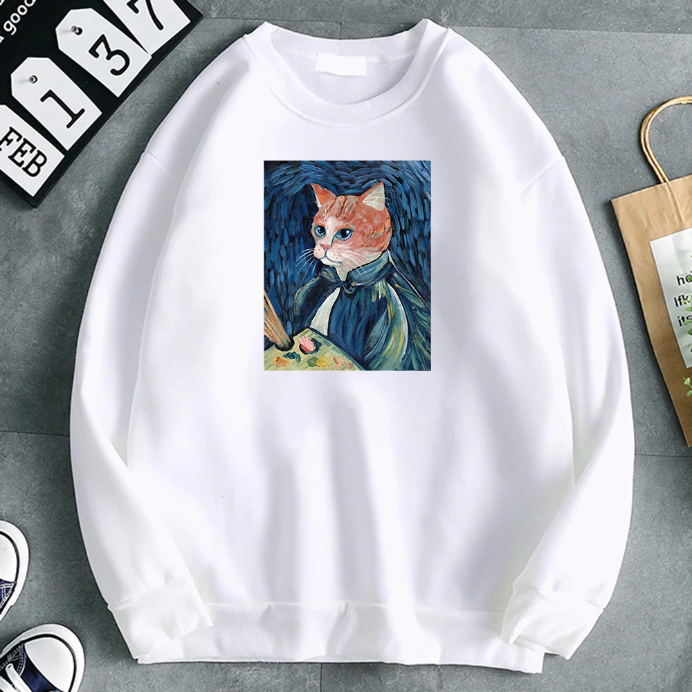 Van Gogh Cat Self-Portrait Hot Sale Print Men\'s Hoody Thick Winter Mens Hoodies Fleece Autumn Sweatshirt Oversized Soft Clothes