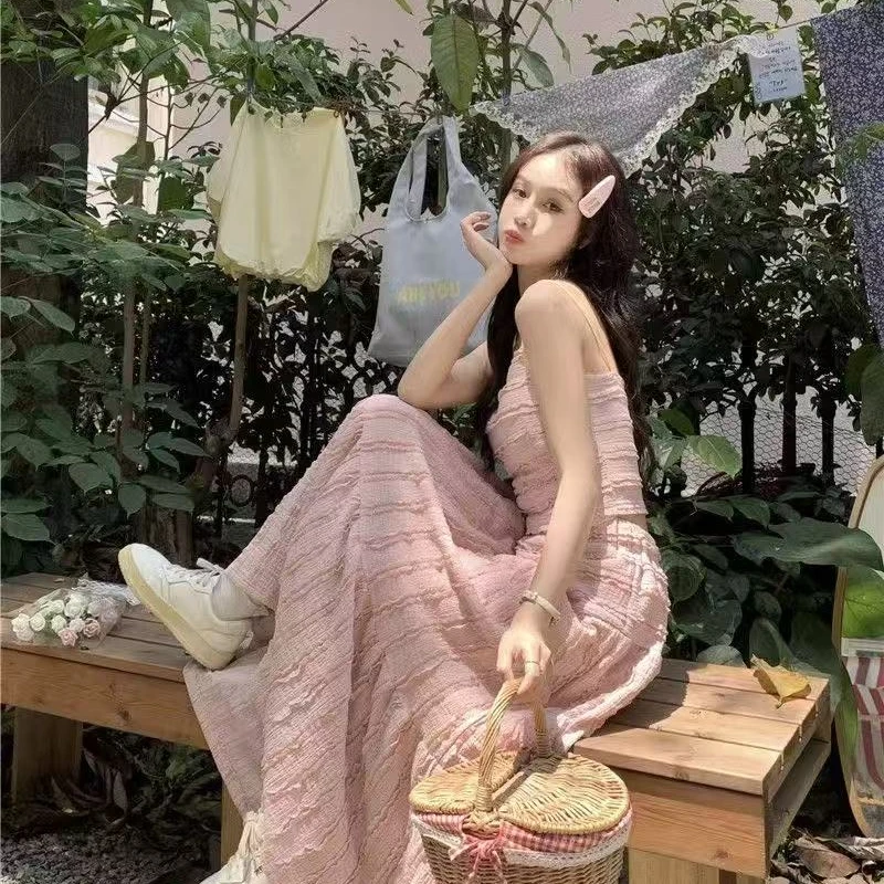 

Summer New Style High Waist A-Line Skirt with Lace Splicing Design Women's Two-Piece Set Floral Lace Trim Top Half-lengt...