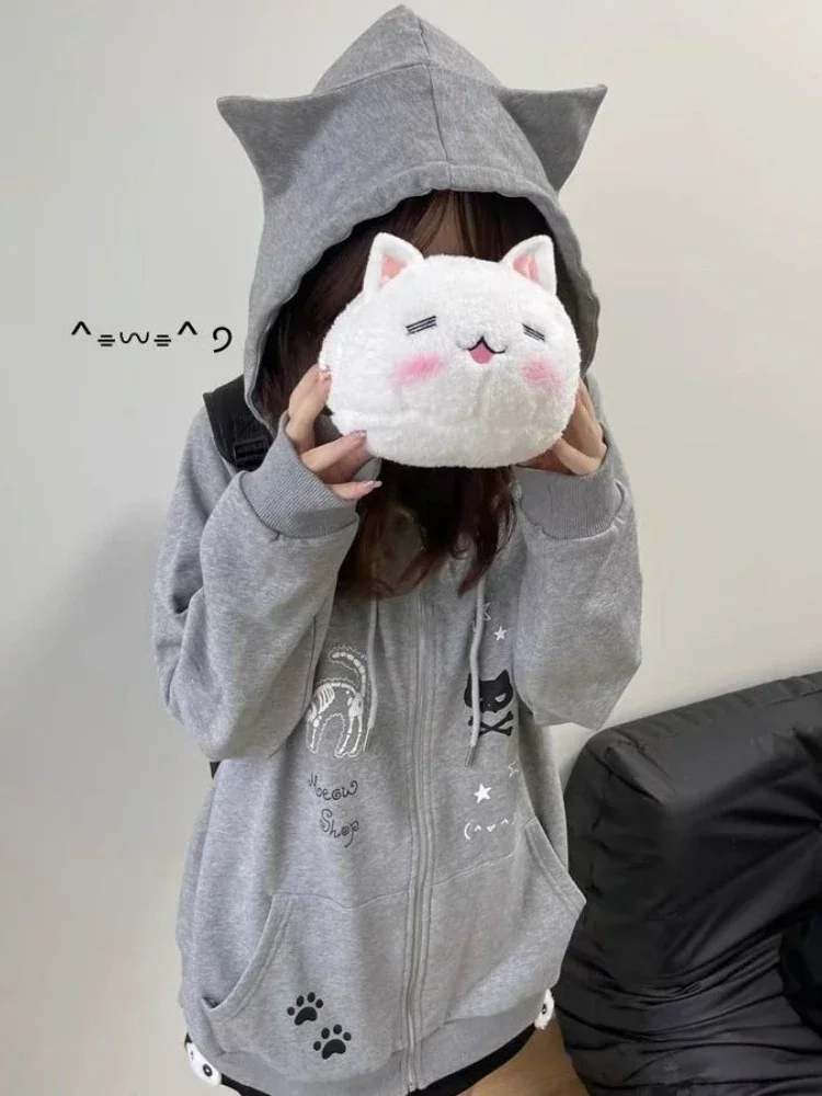 HOUZHOU Kawaii Sweet Gothic Hoodies Women Japanese Style Y2k Harajuku Cute Cartoon Print Zipper Hooded Loose Sweatshirt New